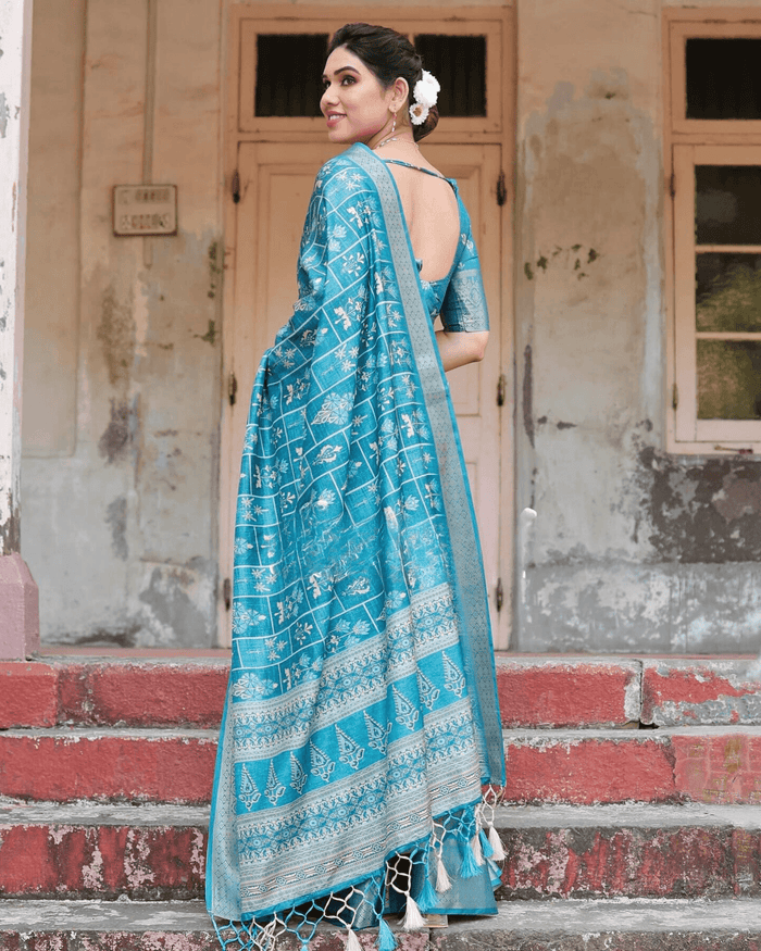 Flaunt Sky Blue Color Jacquard Silk Saree