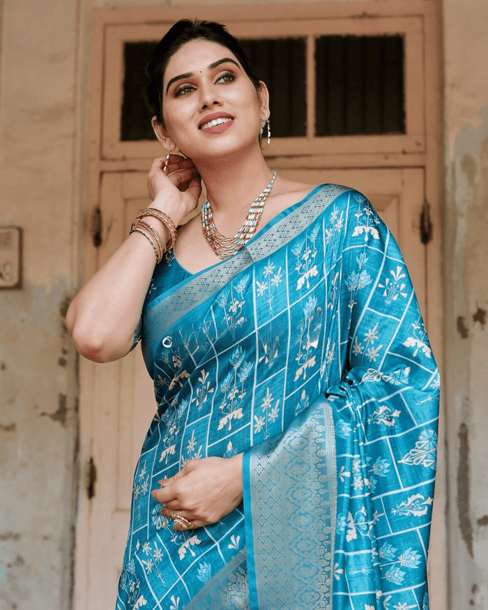Flaunt Sky Blue Color Jacquard Silk Saree