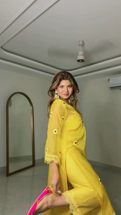 Yellow Embroidered Organza 4-Piece Suit Set