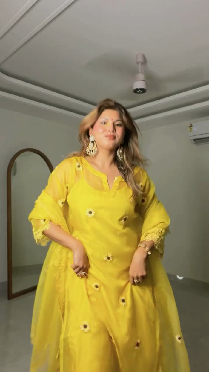 Yellow Embroidered Organza 4-Piece Suit Set