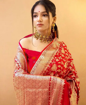 Royal Red Jacquard Saree – Classic Festive Elegance with Intricate Weave