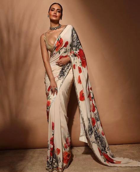 Function Wear White Digital Printed Saree With Blouse - Ibis Fab