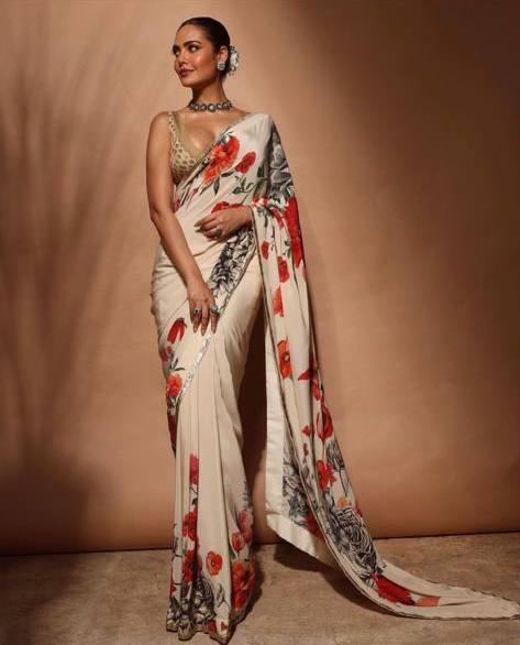 Function Wear White Digital Printed Saree With Blouse - Ibis Fab