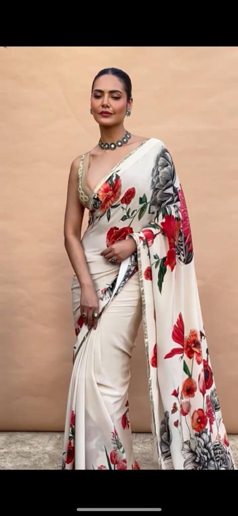 Function Wear White Digital Printed Saree With Blouse - Ibis Fab