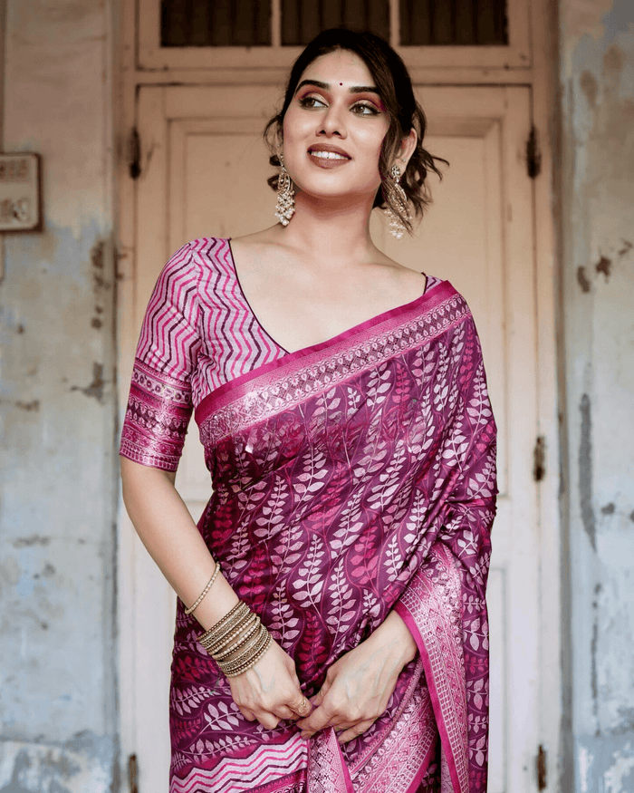 Glossy Dark Pink Colored Jacquard Silk Saree