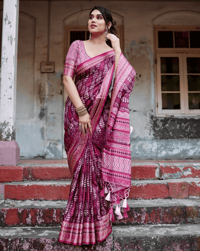 Glossy Dark Pink Colored Jacquard Silk Saree
