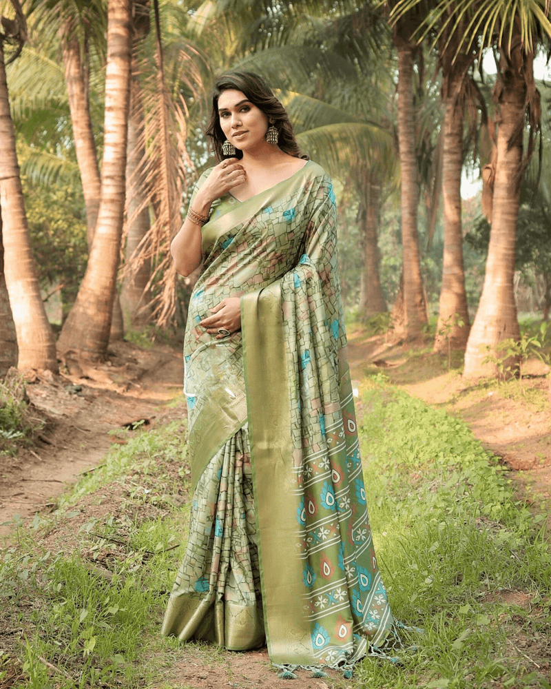Gorgeous Pista Green Colored Jacquard Silk Saree With Zari Border Blouse Piece - Ibis Fab