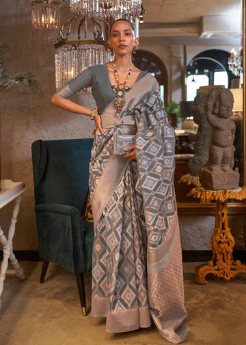 Grey Pure Linen Woven Saree - Ibis Fab