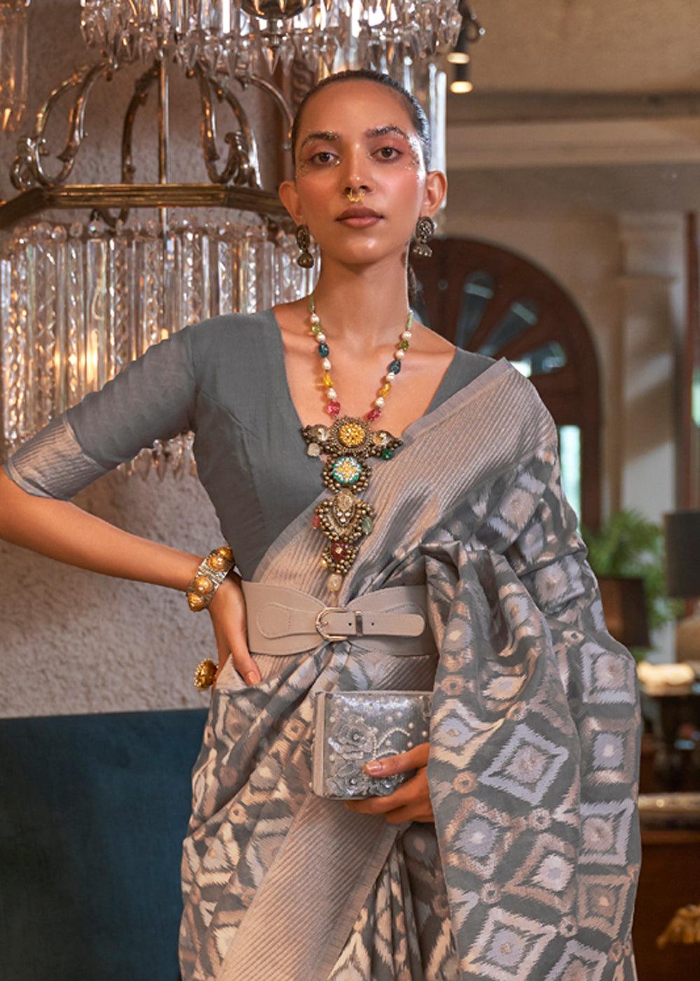 Grey Pure Linen Woven Saree - Ibis Fab