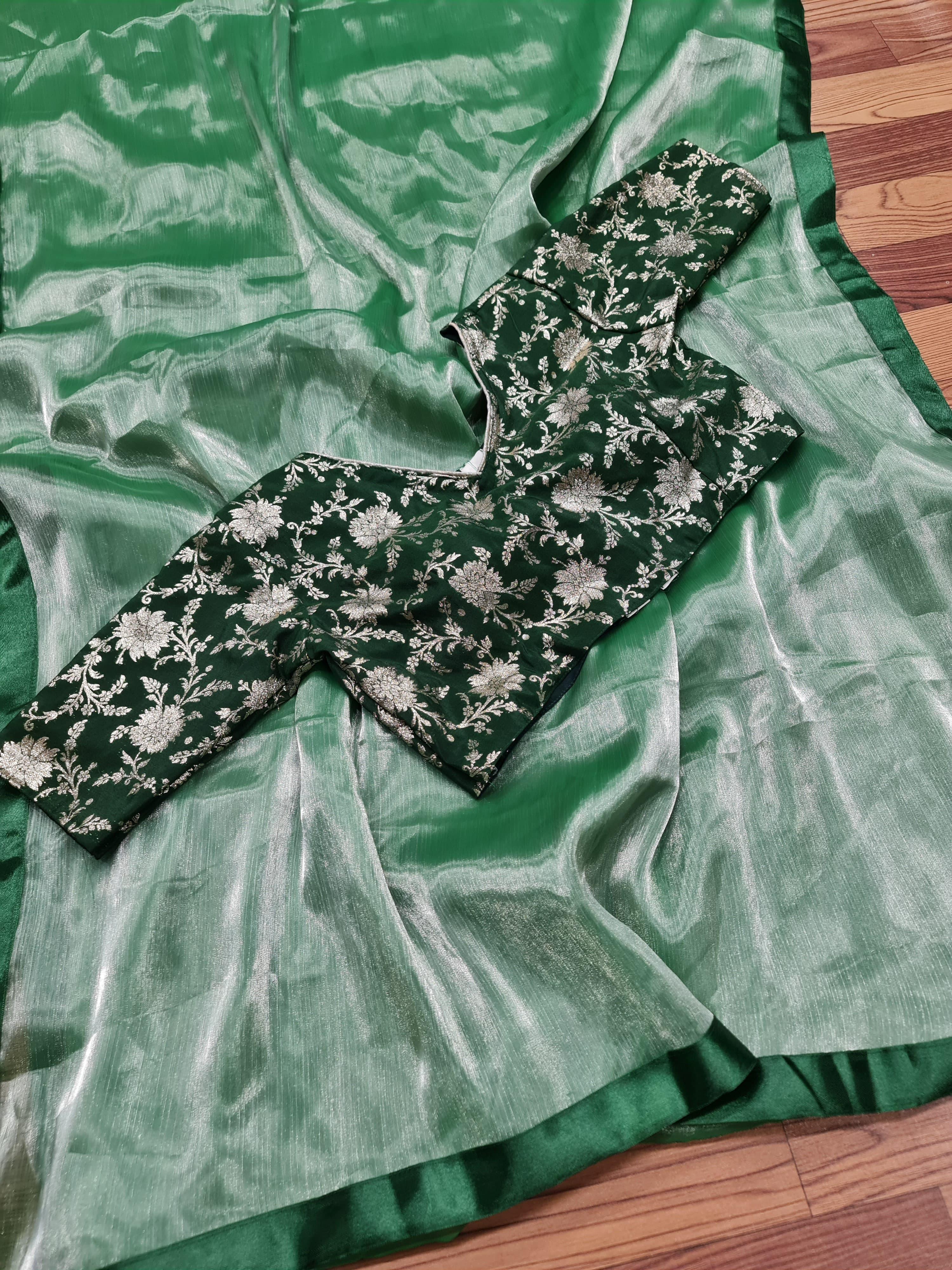 Hippie Green plain Burberry silk saree with work blouse - Ibis Fab