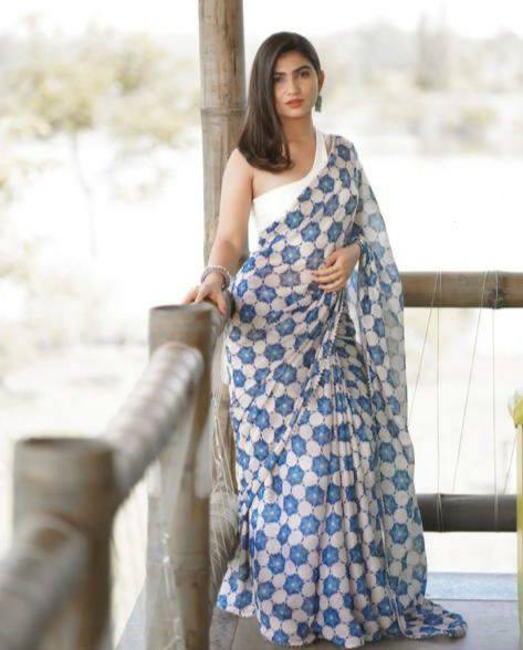 Ibisfab White & Blue Linen Saree - Ibis Fab