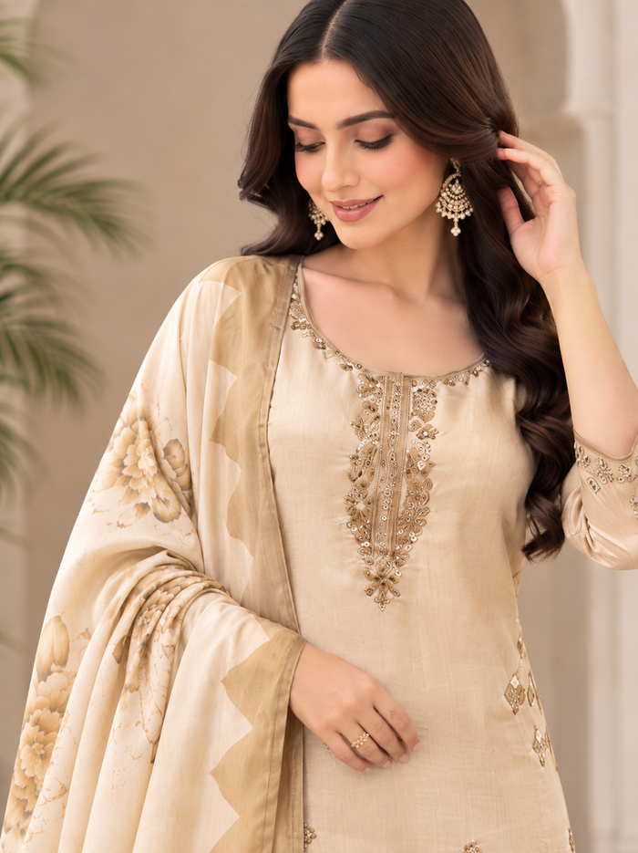 Beige Gold Beads & Sequin Work Kurti Set