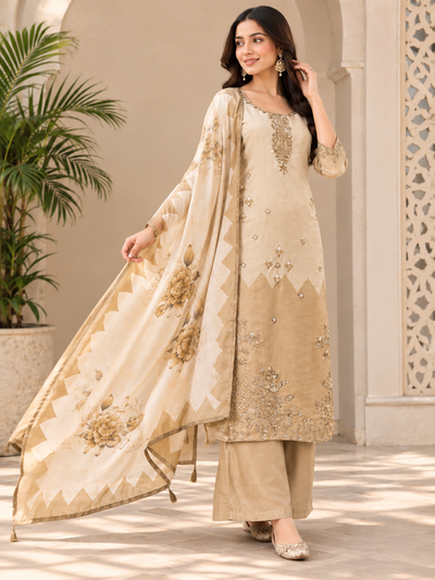 Beige Gold Beads & Sequin Work Kurti Set