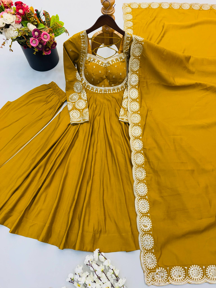 Elegant yellow Embroidered Anarkali Suit Set