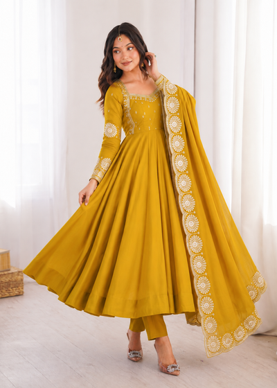 Elegant yellow Embroidered Anarkali Suit Set