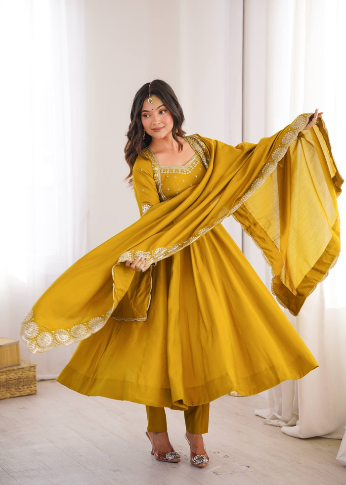 Elegant yellow Embroidered Anarkali Suit Set