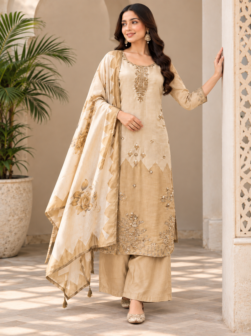 Beige Gold Beads & Sequin Work Kurti Set