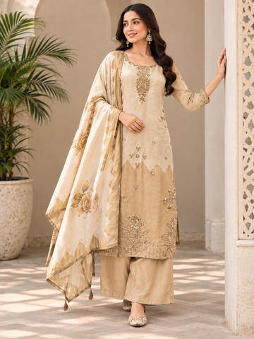 Beige Gold Beads & Sequin Work Kurti Set
