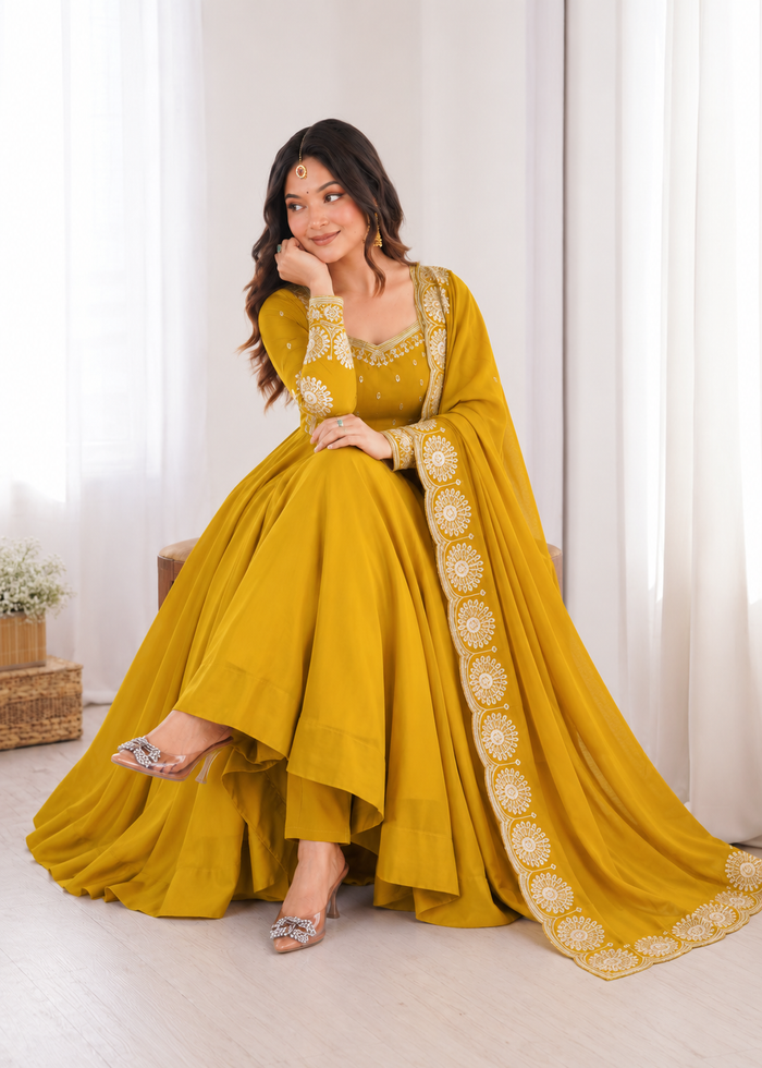 Elegant yellow Embroidered Anarkali Suit Set
