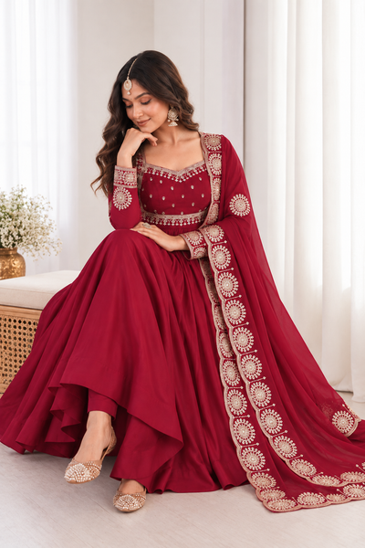 Elegant Maroon Embroidered Anarkali Suit Set