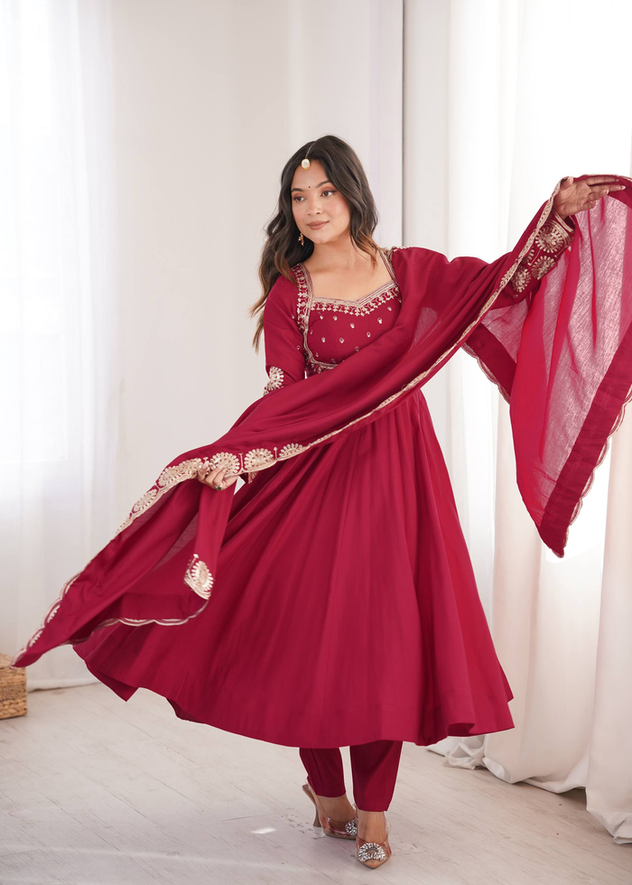 Elegant Maroon Embroidered Anarkali Suit Set