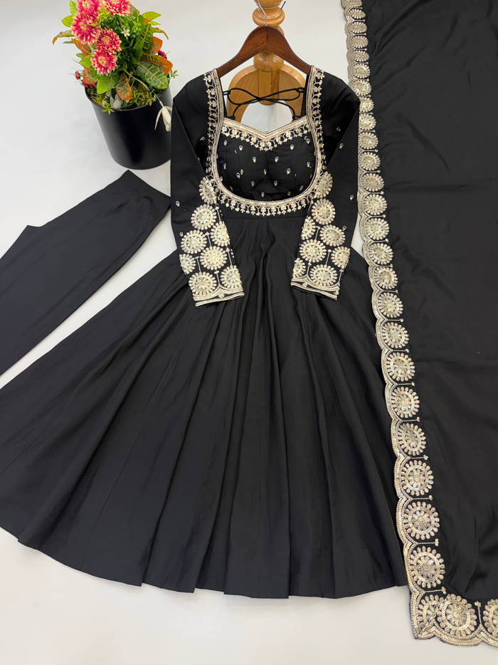 Elegant Black Embroidered Anarkali Suit Set