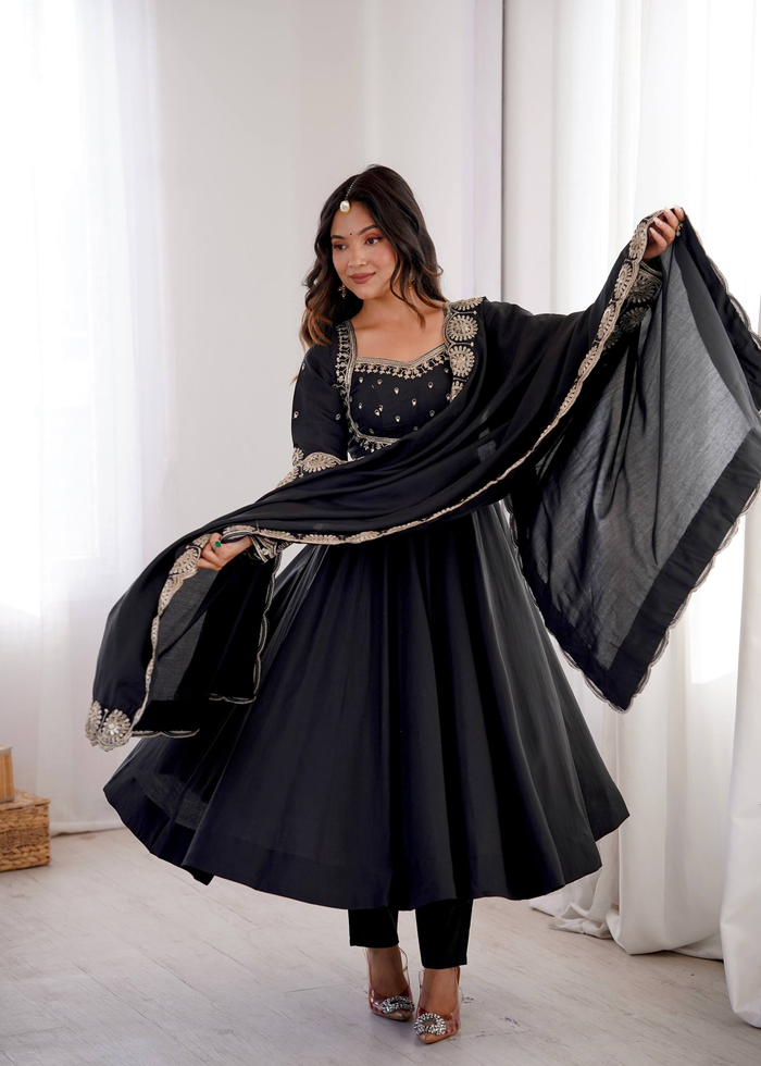 Elegant Black Embroidered Anarkali Suit Set