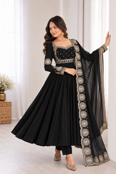 Elegant Black Embroidered Anarkali Suit Set
