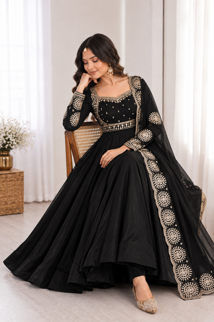 Elegant Black Embroidered Anarkali Suit Set