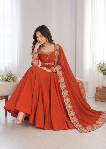 Elegant Orange Embroidered Anarkali Suit Set
