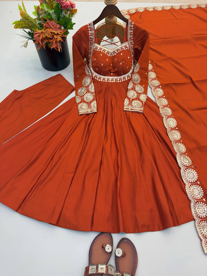 Elegant Orange Embroidered Anarkali Suit Set
