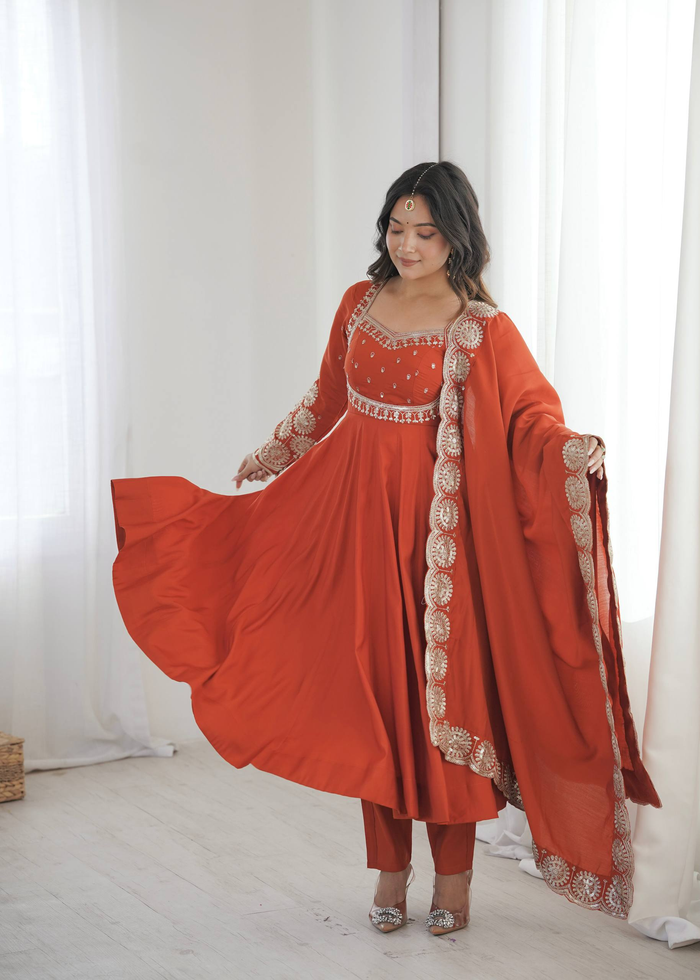Elegant Orange Embroidered Anarkali Suit Set