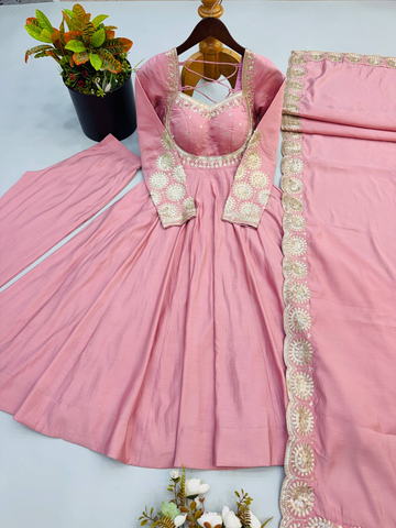 Elegant Dusty Rose Pink Embroidered Anarkali Suit Set