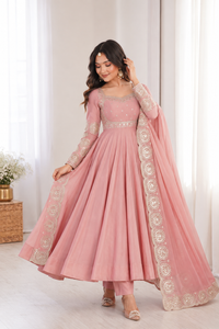 Elegant Dusty Rose Pink Embroidered Anarkali Suit Set