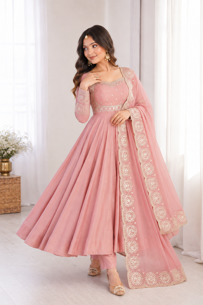 Elegant Dusty Rose Pink Embroidered Anarkali Suit Set