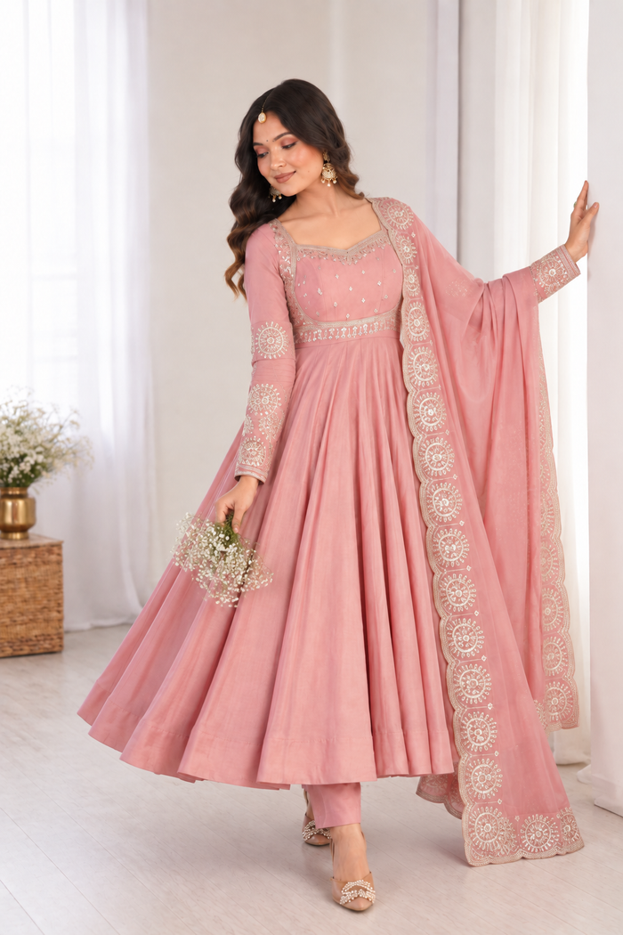 Elegant Dusty Rose Pink Embroidered Anarkali Suit Set