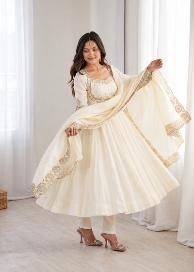 Elegant Cream Embroidered Anarkali Suit Set
