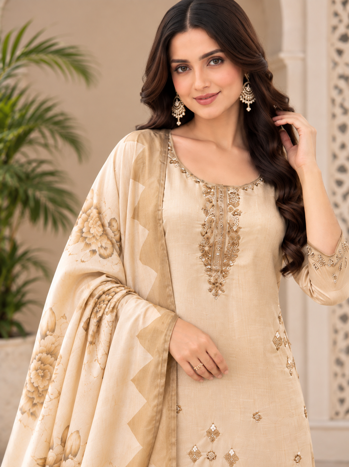 Beige Gold Beads & Sequin Work Kurti Set
