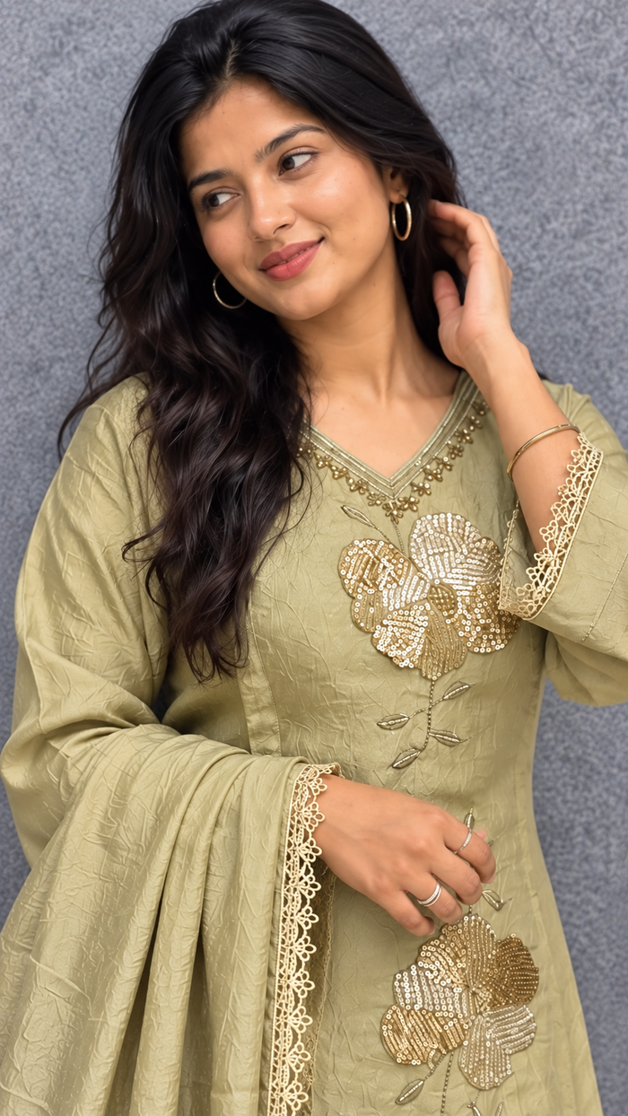 Olive Green Beads & Sequin Designer Suit Set