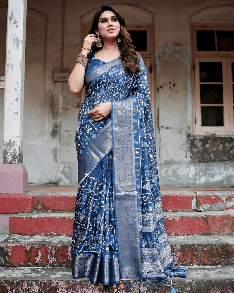 Impressive Navy Blue Color Jacquard Silk Saree - Ibis Fab
