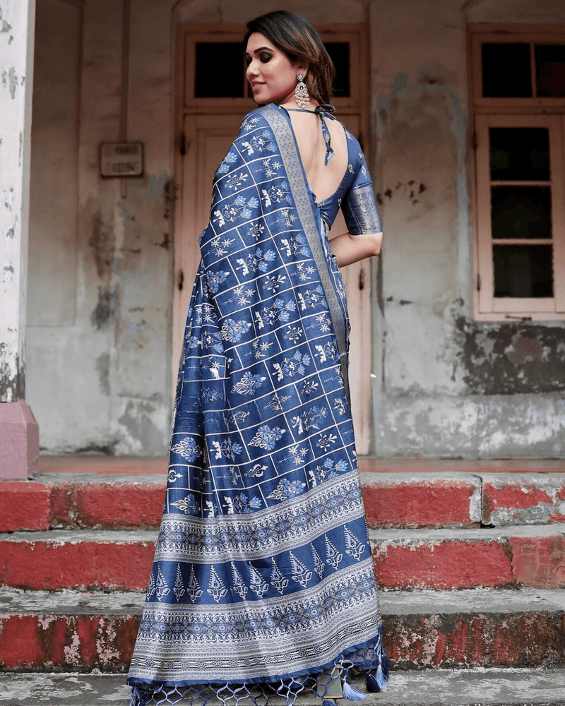 Impressive Navy Blue Color Jacquard Silk Saree - Ibis Fab