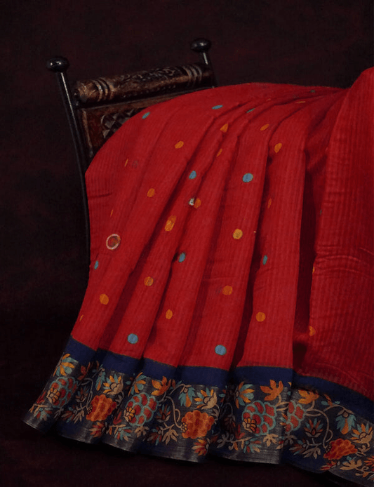 Impressive Red Colored Cotton Linen Designer Printed Saree - Ibis Fab