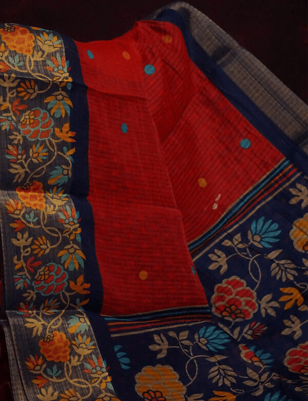 Impressive Red Colored Cotton Linen Designer Printed Saree - Ibis Fab