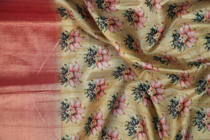 Innovative Light Yellow Colored Cotton Linen Designer Printed Saree