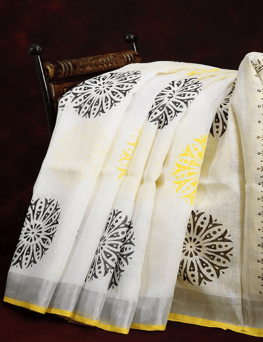 Innovative White Colored Cotton Linen Designer Printed Saree - Ibis Fab