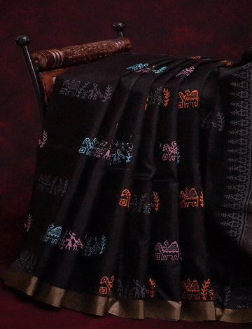 Intricate Black Colored Cotton Linen Designer Printed Saree - Ibis Fab