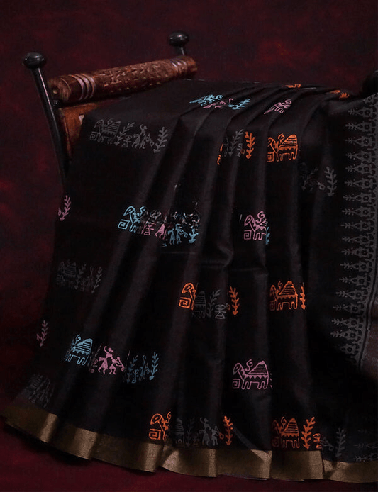 Intricate Black Colored Cotton Linen Designer Printed Saree - Ibis Fab
