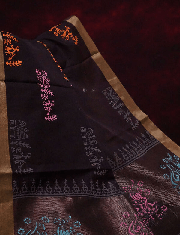 Intricate Black Colored Cotton Linen Designer Printed Saree - Ibis Fab