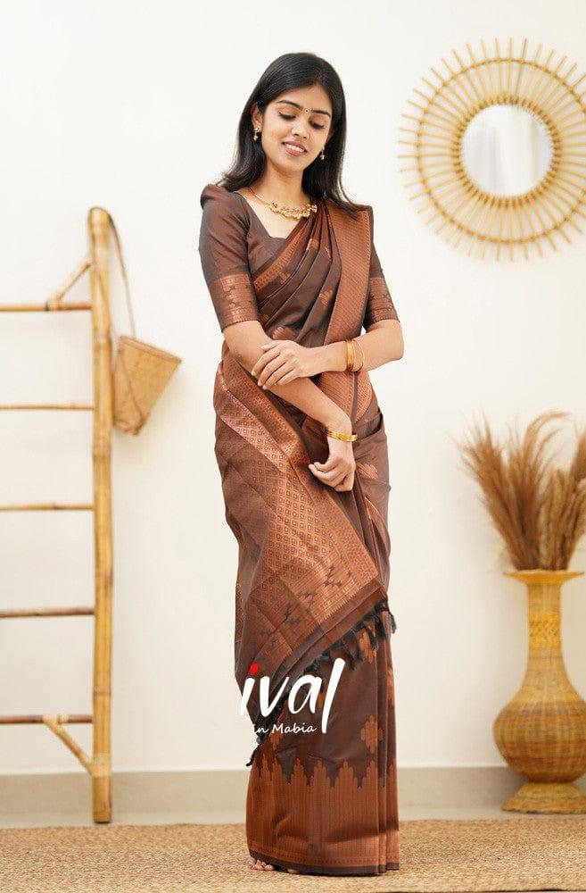 Jacquard Silk Sarees Brown Colour, casual wear - Ibis Fab