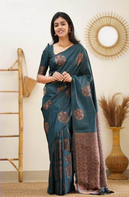 Jacquard Silk Sarees Rama Colour, casual wear - Ibis Fab